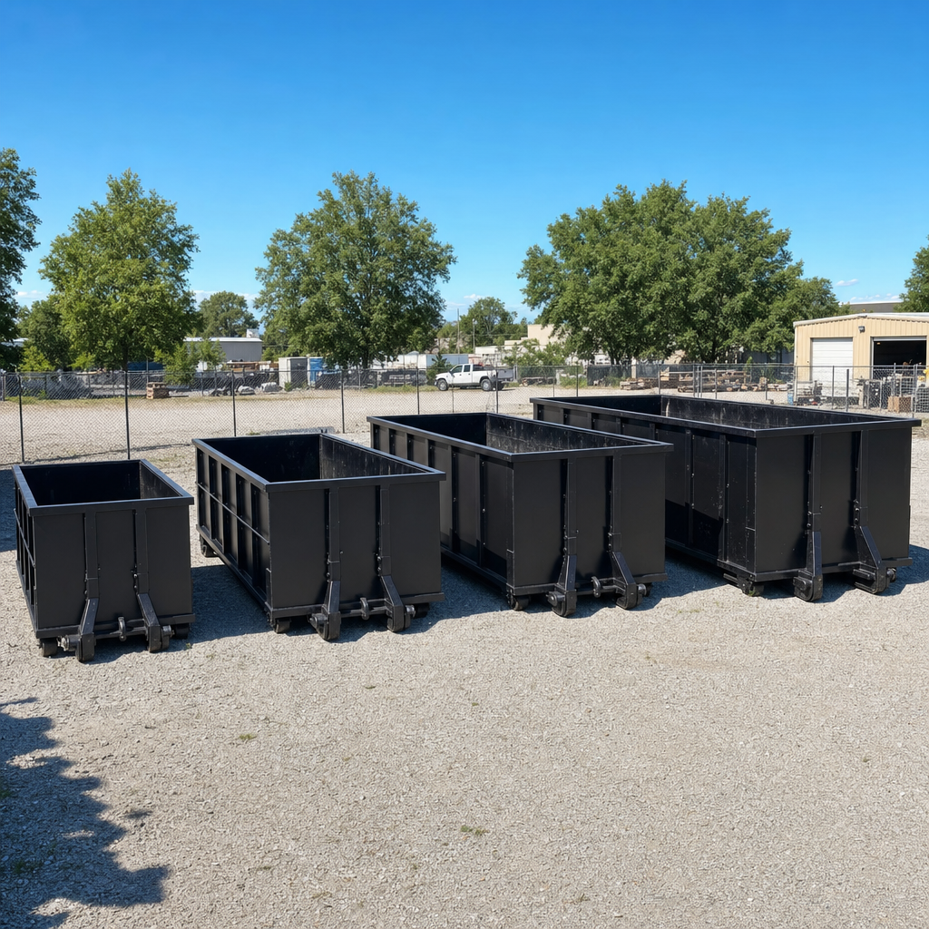 A clean lineup of matte-black roll-off dumpsters in 10, 20, 30, and 40-yard sizes staged on a sunlit gravel yard in Augusta, showing the size progression from compact to commercial-scale containers.
